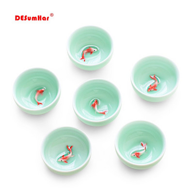 6db Celadon 3D Golden Fish kínai teáscsésze készlet,Kung Fu teáscsésze készlet Crackle Glaze Travel Tea Bowl kínai porcelán teáscsésze készlet