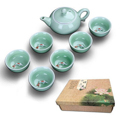 7 ks/sada + darčeková krabička Čínske čajové šálky, kanvica na čaj, porcelánový seladónový rybí čajový hrnček, riad, čaj Oolong, zelený čaj, keramické čajové súpravy Kung Fu