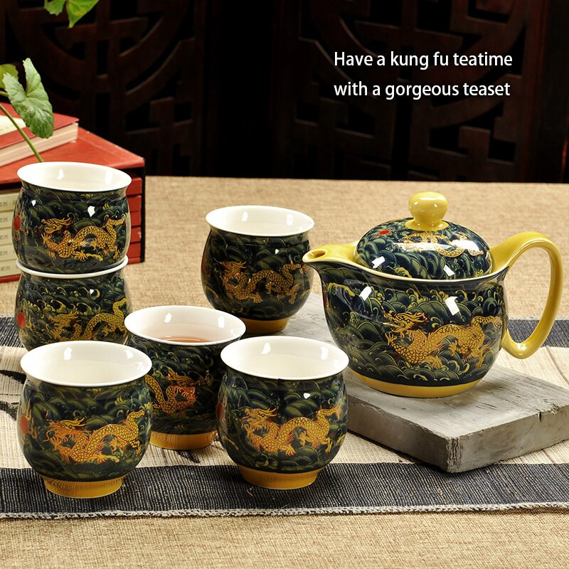 Čínska keramická čajová súprava Kung Fu porcelánová čajová šálka sada kanvíc Dračí čajník šálka Kungfu čajová súprava Puer Oolong čajový riad