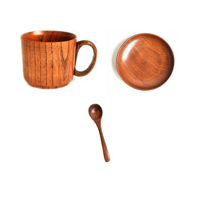 Drvena šalica za doručak sa žlicama i tanjurićem Šalica za kavu od bukovog drveta Puna drvena šalica Podmetač za tanjur s ručkom za kućni ured