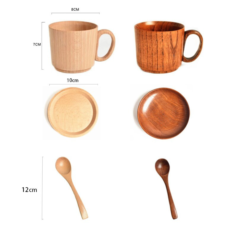 Drvena šalica za doručak sa žlicama i tanjurićem Šalica za kavu od bukovog drveta Puna drvena šalica Podmetač za tanjur s ručkom za kućni ured