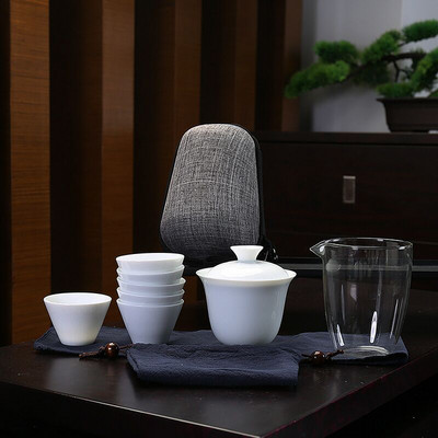 Serviciu de porțelan Cești de ceai Gaiwan Ceainic pentru ceremonia de ceai, Set de ceai de călătorie Kung Fu portabil chinezesc, ceașcă de ceai din ceramică cu pungă