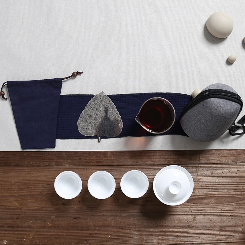 Serviciu de porțelan Cești de ceai Gaiwan Ceainic pentru ceremonia de ceai, Set de ceai de călătorie Kung Fu portabil chinezesc, ceașcă de ceai din ceramică cu pungă