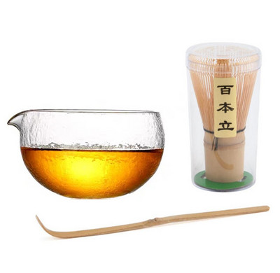 Sklenená miska na matchu s textúrovaným výlevným hrdlom - ručne vyrobený japonský štýl, ceremoniálny chawan zo zeleného čaju, 400 ml, 13,5 oz, veľký priehľadný pohár