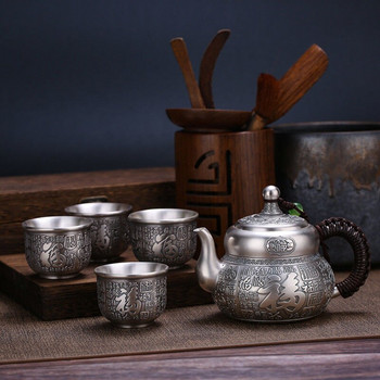 S999 Сребърен сервиз за чай Dragon Totem Teapot Чаша с поднос Китайски ретро стерлингов сребърен сервиз за чай Подарък