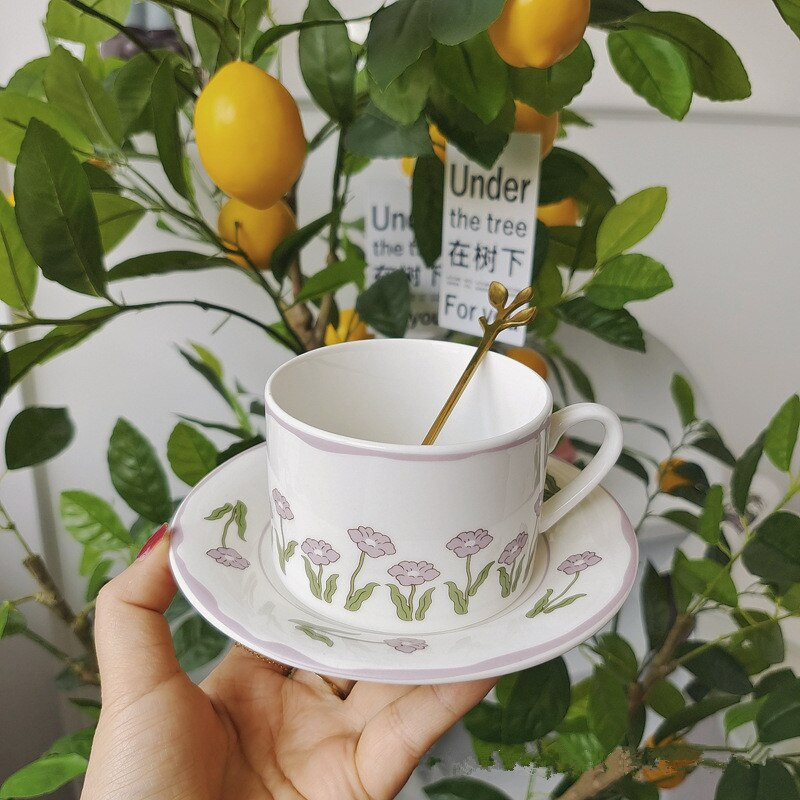 CuteLife Retro kvetinový opakovane použiteľný keramický hrnček na kávu, podšálka, kuchynský raňajkový dezert, pohár na pitie, domáca dekoratívna sada šálok na mliečny čaj
