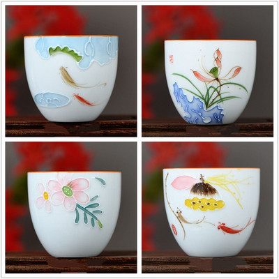 4 kom/lot Kineska keramička šalica za čaj Ručno oslikana šalica s lotosom Mala zdjelica za čaj Ručno izrađeni porculanski set za čaj Pribor Master Drinkware