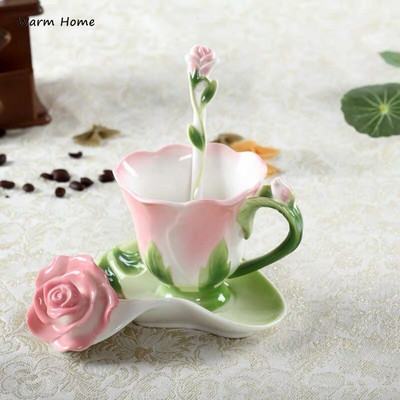 Kreativna modna 3D ruža u obliku cvijeta Emajl Keramička šalica za čaj Tanjurić Set žličica Porculanska elegantna šalica za kavu Poklon za Valentinovo