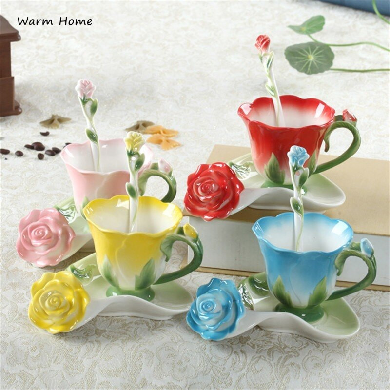 Kreativna modna 3D ruža u obliku cvijeta Emajl Keramička šalica za čaj Tanjurić Set žličica Porculanska elegantna šalica za kavu Poklon za Valentinovo