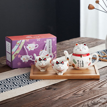 Сладка японска Lucky Cat Порцеланов сервиз за чай Creative Maneki Neko Керамична чаша за чай Саксия с цедка Прекрасна чаша за чайник Plutus Cat