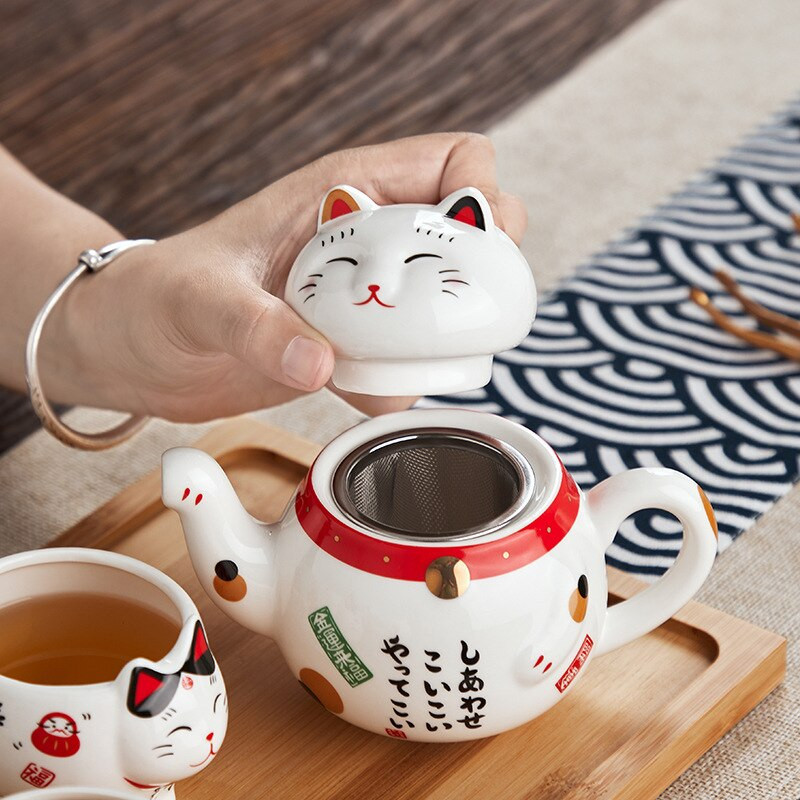 Mielas japonų Lucky Cat porcelianinis arbatos rinkinys Creative Maneki Neko Keraminis arbatos puodelis su sieteliu Lovely Plutus Cat arbatinuko puodelis