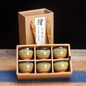 Изящна чаша с глазура temmoku от 6 бр., подаръчна кутия Китайски комплект чаши за чай, купа за чай за пътуване Комплект чай Комплекти китайски чаши за чай Подарък