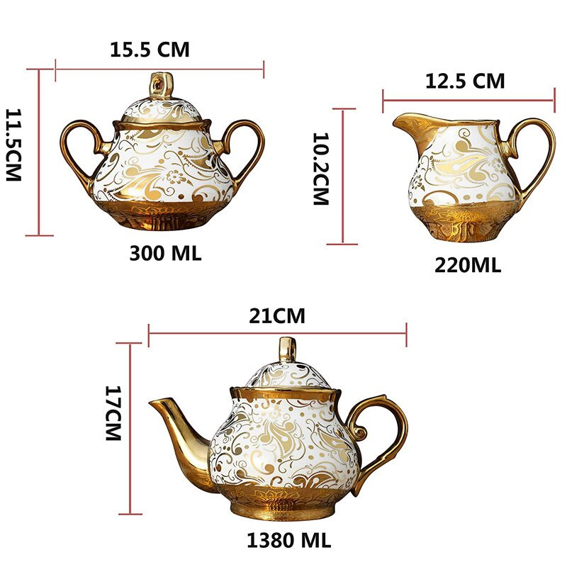 22 db európai kerámia teáskészlet Kínai kávéskészlet fém tartóval csészékkel Csészealj-szerviz 6 teáskannához, cukortálhoz tejszínes kancsó