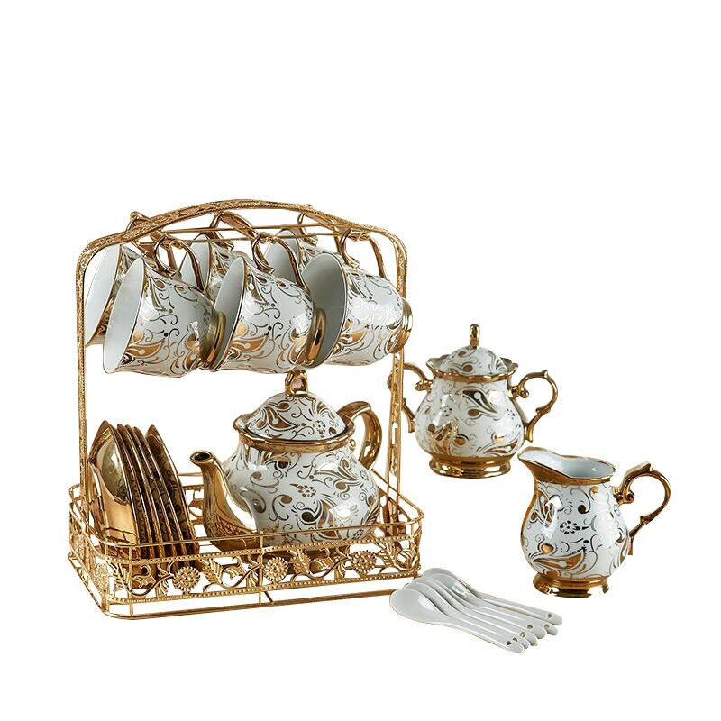 22 db európai kerámia teáskészlet Kínai kávéskészlet fém tartóval csészékkel Csészealj-szerviz 6 teáskannához, cukortálhoz tejszínes kancsó