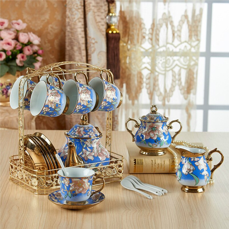22 db európai kerámia teáskészlet Kínai kávéskészlet fém tartóval csészékkel Csészealj-szerviz 6 teáskannához, cukortálhoz tejszínes kancsó