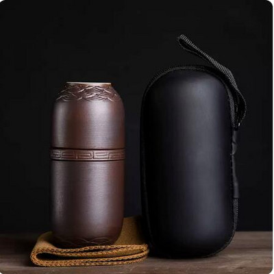 Ceai rapid din ceramică neagră, 1 oală, 4 căni, set de ceai de călătorie cu pungă portabilă în aer liber, ceainic portabil, ceainic de nisip violet