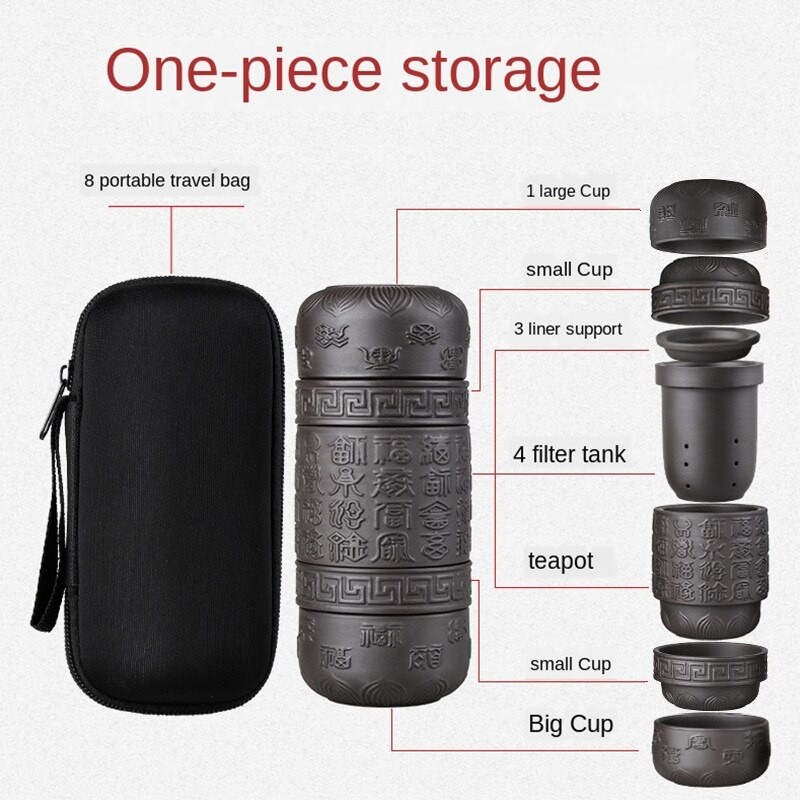 Ceai rapid din ceramică neagră, 1 oală, 4 căni, set de ceai de călătorie cu pungă portabilă în aer liber, ceainic portabil, ceainic de nisip violet