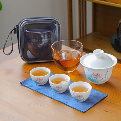 Keraminis arbatinukas Gaiwan su 3 puodeliais arbatos rinkiniais Namų biuro nešiojamas kelioninis arbatos rinkinys geriamasis indas