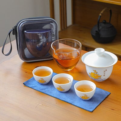 Keraminis arbatinukas Gaiwan su 3 puodeliais arbatos rinkiniais Namų biuro nešiojamas kelioninis arbatos rinkinys geriamasis indas