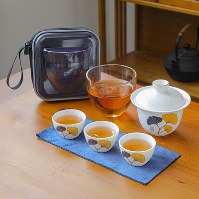 Keraminis arbatinukas Gaiwan su 3 puodeliais arbatos rinkiniais Namų biuro nešiojamas kelioninis arbatos rinkinys geriamasis indas