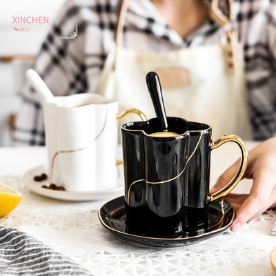 Luxusná keramická sada šálok na kávu a tanierov v bielej a čiernej farbe, Nordic Clover, anglický popis, Phnom Penh, popoludňajší čajový pohár Taza