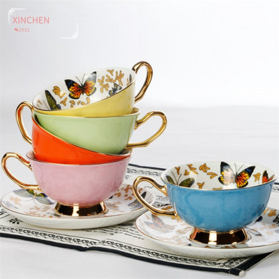 Ceașă de cafea europeană Bone China, porțelan, fluture, din ceramică, set de ceai și farfurii, pentru biroul britanic, ceașcă de ceai, cadou pentru băuturi