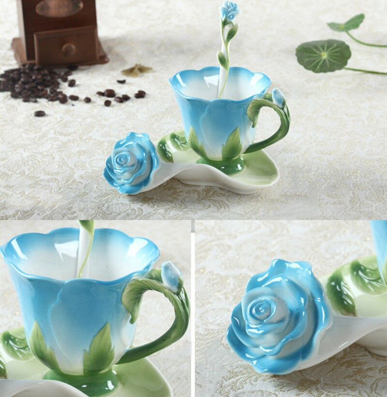 Moda creativă 3D trandafir în formă de flori emailat din ceramică ceai de cafea și farfurii set de linguri cană de apă din porțelan Cadou de Ziua Îndrăgostiților