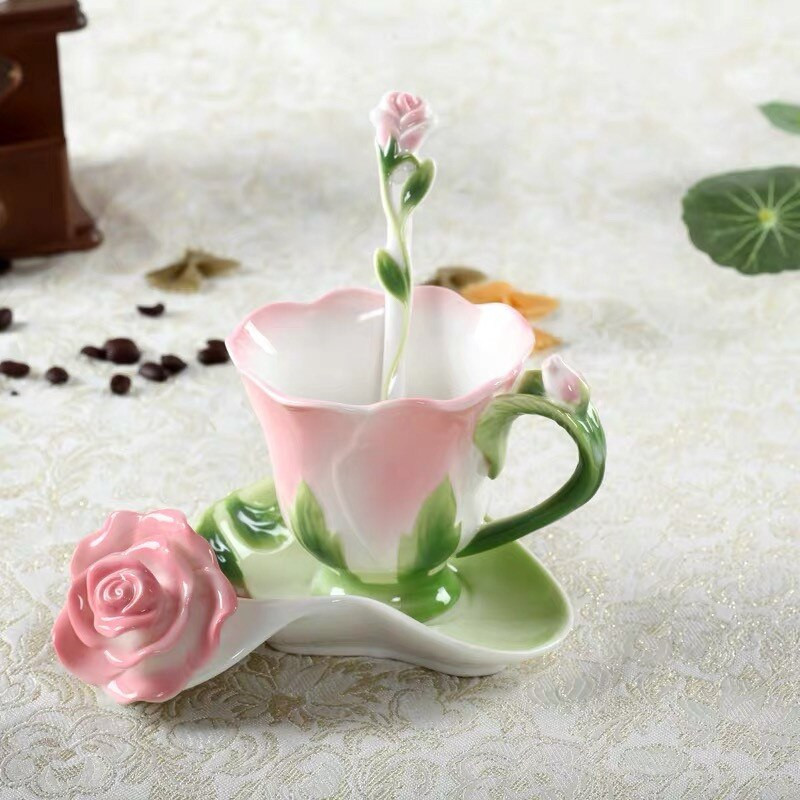 Moda creativă 3D trandafir în formă de flori emailat din ceramică ceai de cafea și farfurii set de linguri cană de apă din porțelan Cadou de Ziua Îndrăgostiților