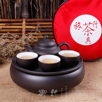 Комплект от 6 бр. Комплект за чай Kung Fu Комплекти за пътуване Китайски порцеланови комплекти Керамика Gongfu Solid Gaiwan Yixing Purple Clay Чаша за чай Сервиз Преносим