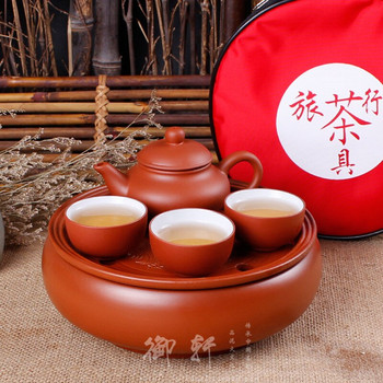 Комплект от 6 бр. Комплект за чай Kung Fu Комплекти за пътуване Китайски порцеланови комплекти Керамика Gongfu Solid Gaiwan Yixing Purple Clay Чаша за чай Сервиз Преносим