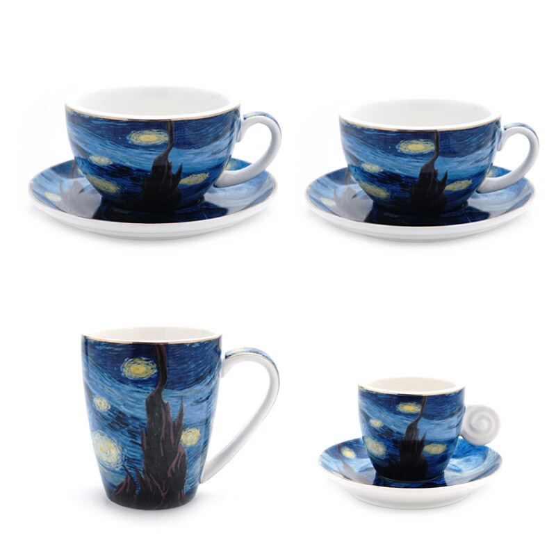 Van Gogh világhírű olajfestmény A csillagos éjszaka grafikája Latte kávépohár Cappuccino SHOT bögre Ízletes tea csésze demitasse
