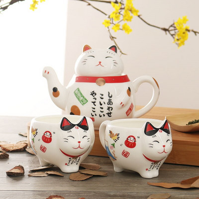 Mielas japoniškas Lucky Cat porcelianinis arbatos rinkinys Creative Maneki Neko keramikinis arbatos puodelio virdulys su sieteliu Biuro arbatinuko vandens puodelis