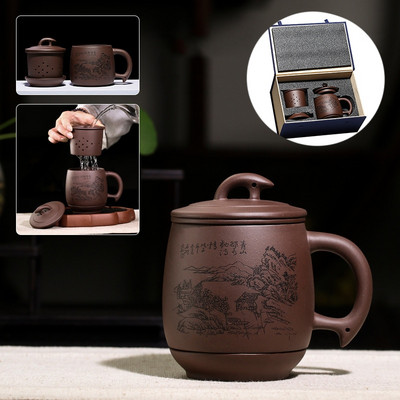 Lila szemcseméretű teáscsésze szűrővel Yixing lila agyag teáscsészék Kínai, kézzel készített csésze fedős tea infuser Irodai teaszertartási kiegészítők