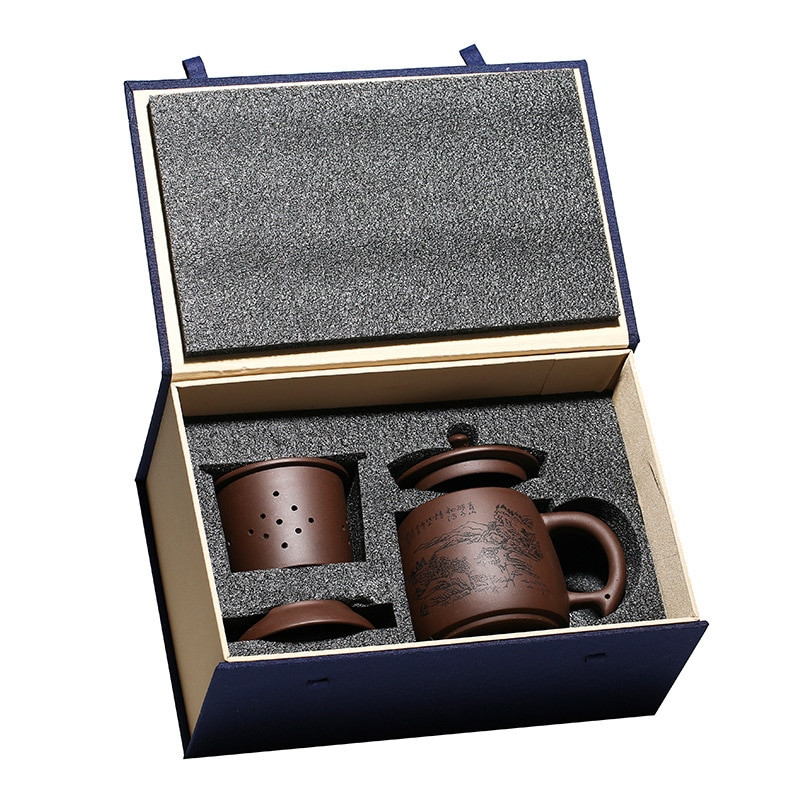 Lila szemcseméretű teáscsésze szűrővel Yixing lila agyag teáscsészék Kínai, kézzel készített csésze fedős tea infuser Irodai teaszertartási kiegészítők