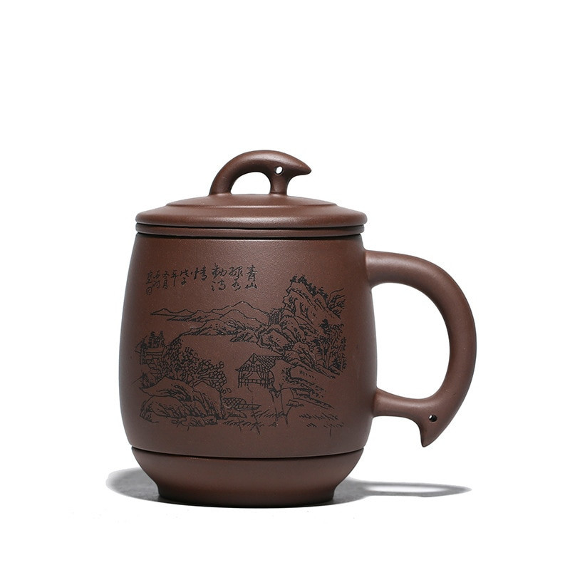 Lila szemcseméretű teáscsésze szűrővel Yixing lila agyag teáscsészék Kínai, kézzel készített csésze fedős tea infuser Irodai teaszertartási kiegészítők