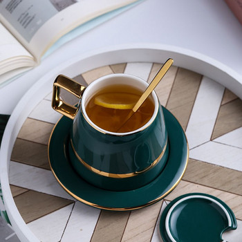 Gold Trim Πράσινη πορσελάνινη κούπα καφέ με πιατάκι, καπάκι, κουτάλι ανάμειξης, για ποτά, latte, καφέ μόκα καπουτσίνο και τσάι - 450ml