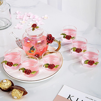 Червена роза Емайлирани кристални цветя Чай Стъклени чаши за топли и студени напитки Комплект стъклени чаши Домашни прибори за напитки Кутия за подарък Офис Комплект чай