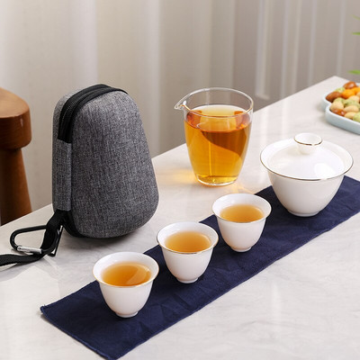 2021. Ručno oslikani keramički čajnik gaiwan od porculana od žada s 3 šalice i priborom za čaj prijenosni putni set za čaj s putnom torbom za piće