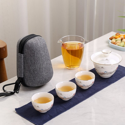 2021. Ručno oslikani keramički čajnik gaiwan od porculana od žada s 3 šalice i priborom za čaj prijenosni putni set za čaj s putnom torbom za piće