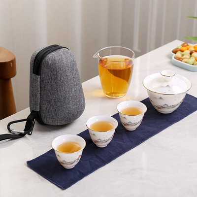 2021. Ručno oslikani keramički čajnik gaiwan od porculana od žada s 3 šalice i priborom za čaj prijenosni putni set za čaj s putnom torbom za piće