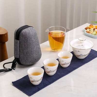 2021. Ručno oslikani keramički čajnik gaiwan od porculana od žada s 3 šalice i priborom za čaj prijenosni putni set za čaj s putnom torbom za piće
