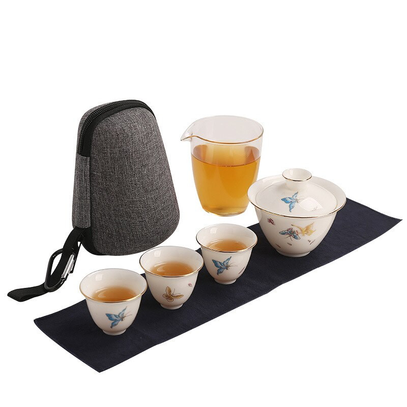 2021. Ručno oslikani keramički čajnik gaiwan od porculana od žada s 3 šalice i priborom za čaj prijenosni putni set za čaj s putnom torbom za piće
