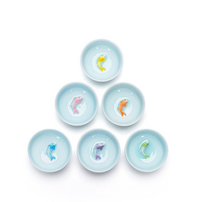 6db/készlet Celadon színű aranyhal teáscsésze,Kung Fu teáscsésze készlet Glaze Travel Tea Bowl Kínai porcelán teáscsésze készlet Tea kiegészítők