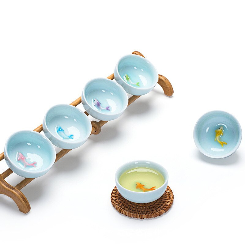 6db/készlet Celadon színű aranyhal teáscsésze,Kung Fu teáscsésze készlet Glaze Travel Tea Bowl Kínai porcelán teáscsésze készlet Tea kiegészítők