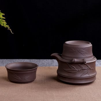 Vintage Κεραμικό Μωβ Πήλινο Σετ τσαγιού Office Master Tea Ceremony Drinkware 1 τσαγιέρα 2 φλιτζάνια με 1 δίσκο μπαμπού 1 τσάντα ταξιδιού