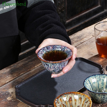 Порцеланова керамична чаша за чай Купа за чай Сервиз за чай Чаша Пещ Променена Tianmu Glaze Tea Master Единична чаша Малка чаена чаша Шапка Седем цвята