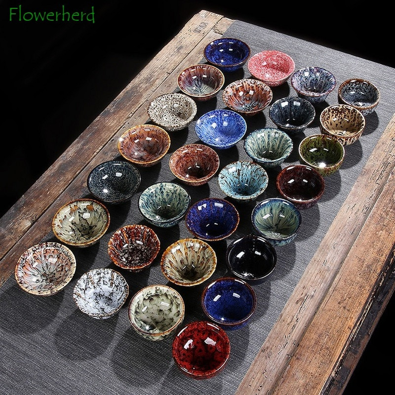 Порцеланова керамична чаша за чай Купа за чай Сервиз за чай Чаша Пещ Променена Tianmu Glaze Tea Master Единична чаша Малка чаена чаша Шапка Седем цвята