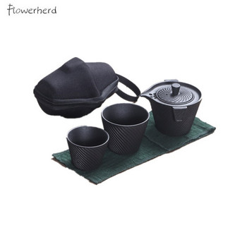 Σετ τσαγιού ιαπωνικού στυλ Κεραμικό Kung Fu Τσάντα ταξιδιού Teaware Μαύρη κεραμική Μία τσαγιέρα και δύο φλιτζάνια τσαγιού Φορητό σετ τσαγιού και φλιτζάνι