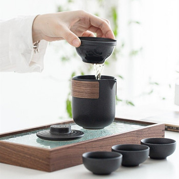 Керамичен сервиз за чай Kung Fu с пътна чанта Чаена посуда Порцеланова кана за чай и комплект чаши Китайски преносим един чайник и четири чаши