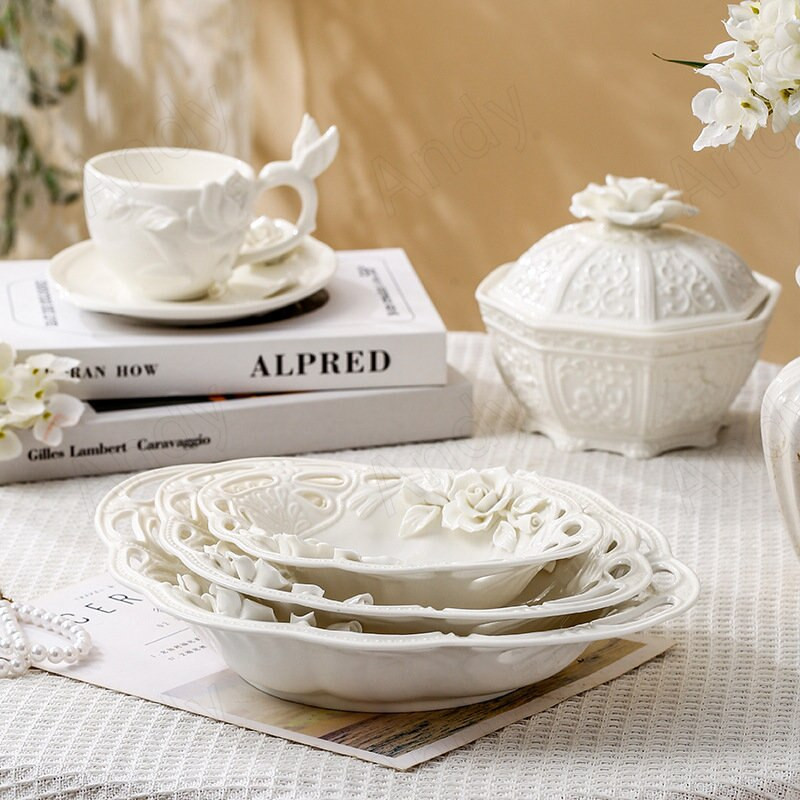 Rankinis keraminių puodelių ir lėkštučių rinkinys Kūrybinis reljefinių gėlių restoranas Desertinis patiekalas Europietiška popietės arbata Vaisių salotų lėkštės